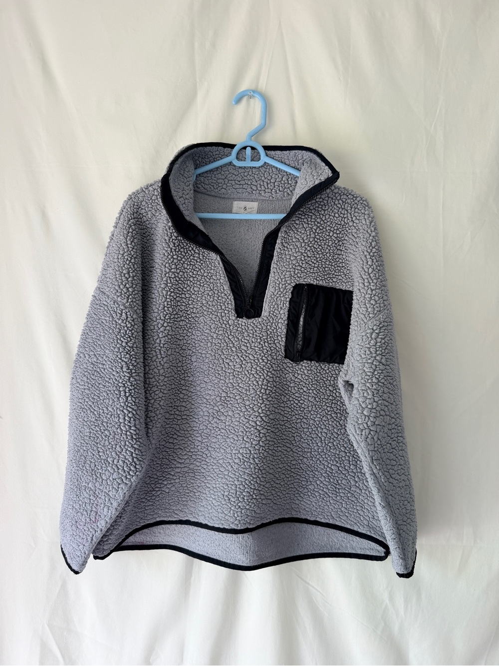 Lou & Grey Light Gray Sherpa Quarter-Zip Pullover with Black Trim
